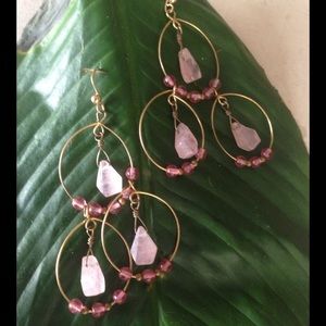 Handmade gold wire and pink stone 3 hoop earrings